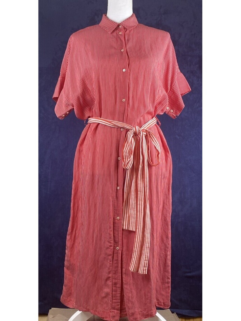 Mango Shirt Dress Sz US 6 Red/white Stripes Belted
